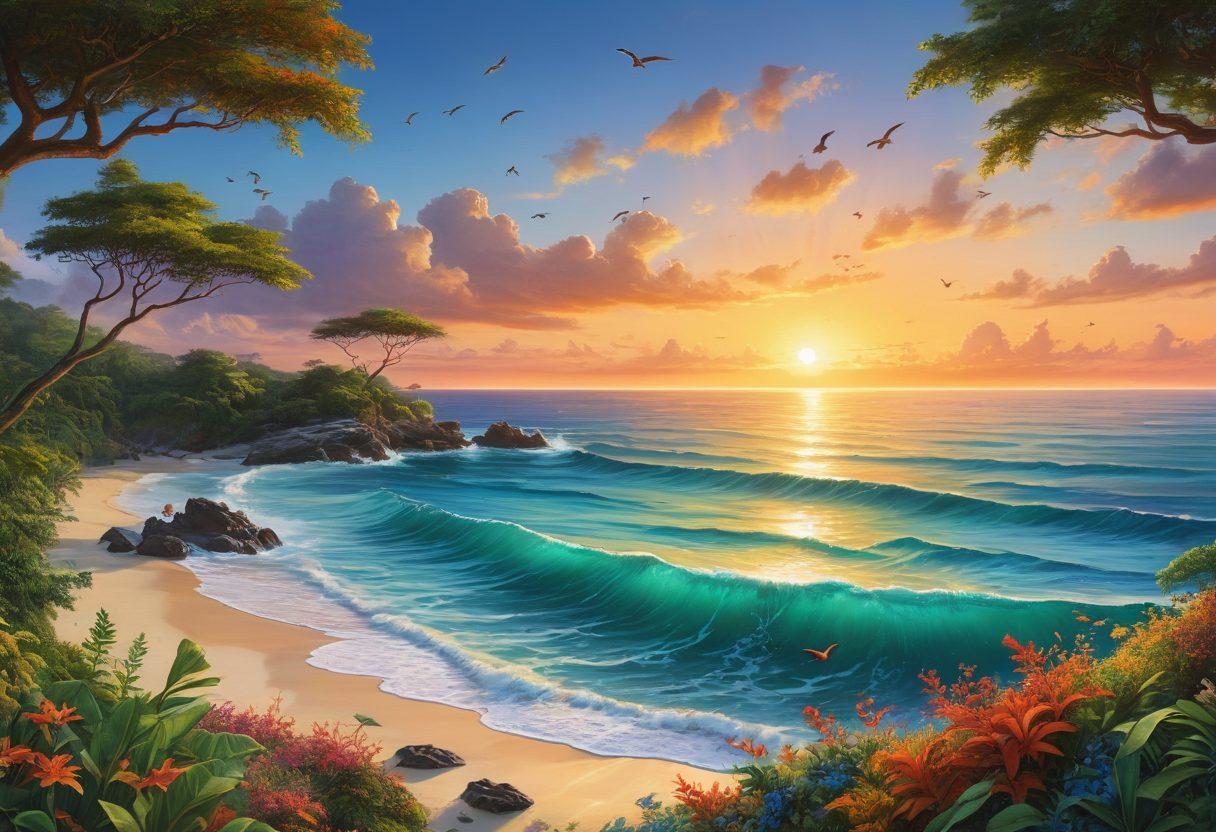 A breathtaking panorama showcasing the transition from lush green land to vibrant blue ocean, teeming with diverse wildlife. Capture various animal species, such as deer and birds on land and dolphins and sea turtles in the water, illustrating their interconnected habitats. Add elements like trees, coral reefs, and a radiant sunset to symbolize the harmony of nature. super-realistic. vibrant colors. panoramic view.