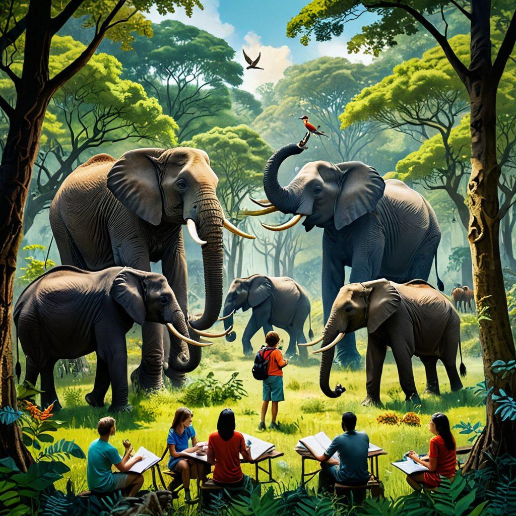 A diverse group of animal enthusiasts in action, engaging in wildlife conservation activities amidst a lush, green forest with animals like elephants, birds, and deer in the background. The scene should showcase a sense of community, with individuals of different ages helping each other, holding binoculars and notebooks, conveying excitement and passion for wildlife. Bright, natural colors should enhance the vibrancy of the setting, emphasizing the beauty of nature. super-realistic. vibrant colors. outdoors.