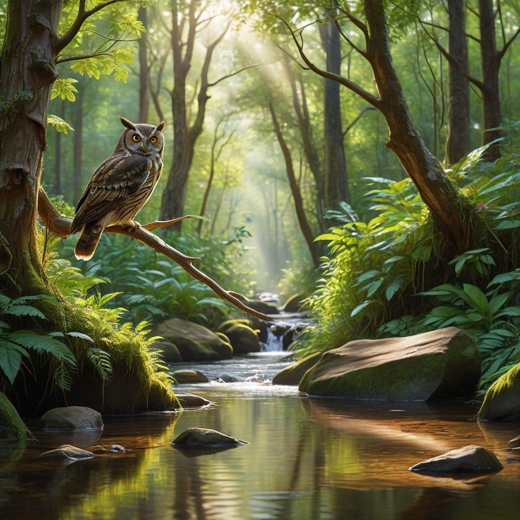 An intricate scene in a lush forest showcasing various animals interacting with each other, such as a wise owl perched on a branch, playful otters splashing in a serene river, and a deer observing the surroundings. The background features vibrant greenery and sunlight filtering through the trees, symbolizing the beauty of conservation. Include subtle hints of human influence, like eco-friendly signs or birdhouses. super-realistic. vibrant colors. nature-themed.